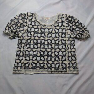 SOLITAIRE womens SHIRT black BLOUSE cream BOHO oversized TOP boxy CROCHET SIZE M